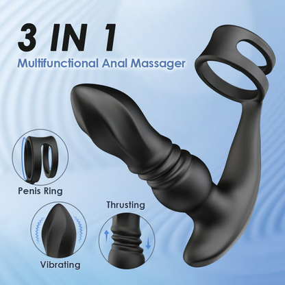 Ellis-7 Thrusting & Vibrating Drill Spirals Double Cock Rings Prostate Massager