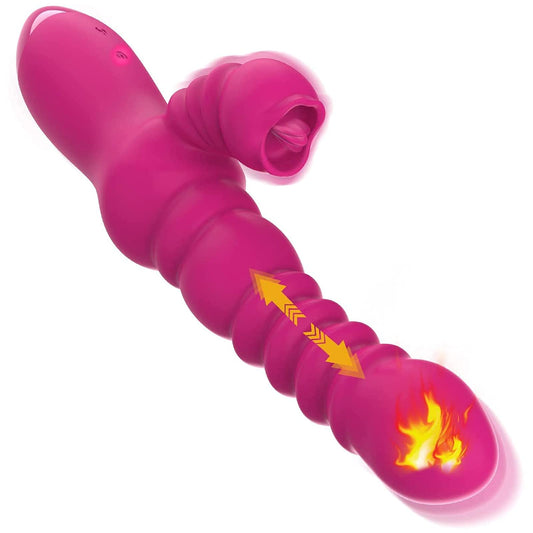Thrusting Rabbit Vibrator for Clitoris & G-spot, Silicone Tongue Licking Rotating Dildo with 7 Vibration and 3 Telescopic Modes, Bunny Personal Sex Toys for Women Couples, Waterproof Rechargeable